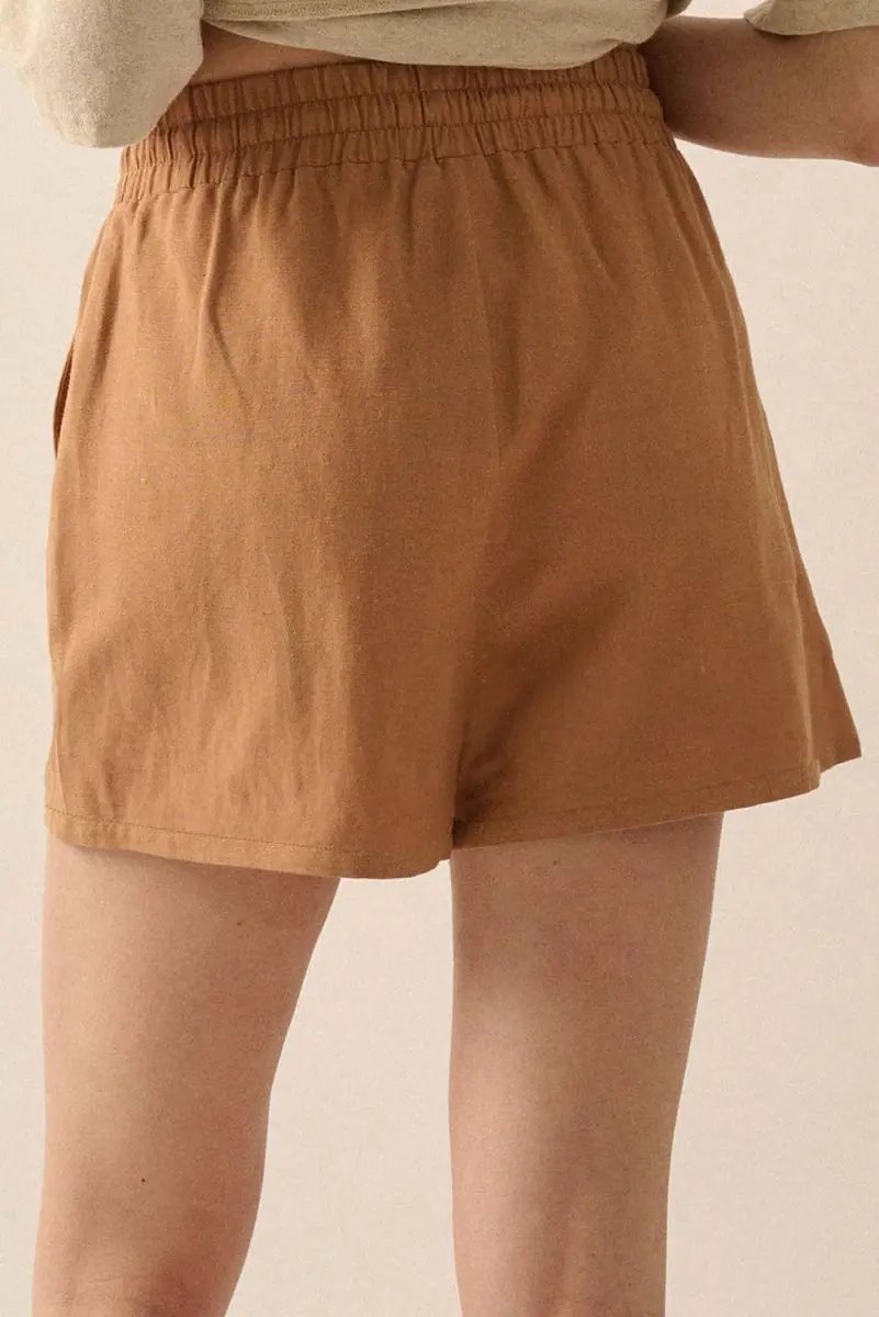 Khaki Embroidered Boho Tasseled Drawstring Elastic Waist Shorts - Love Salve